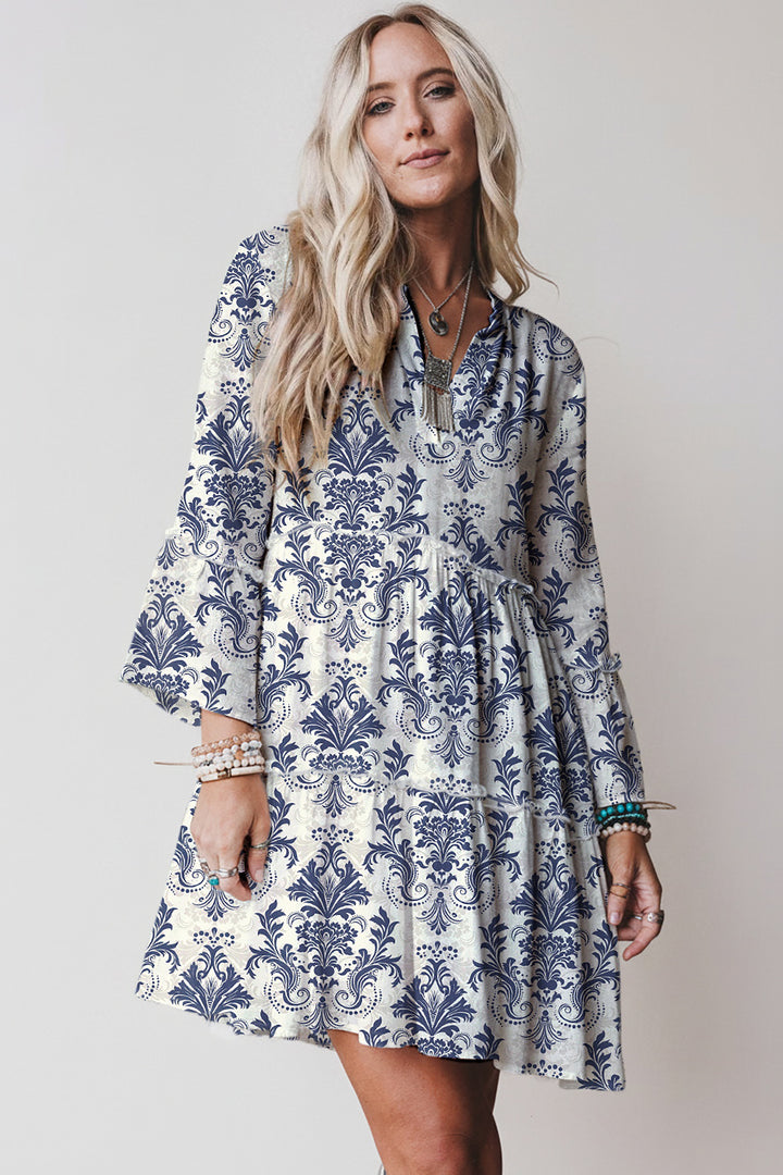 Sky Blue Boho Floral Print Lettuce Trim 3/4 Sleeve Mini Dress - Lulubelles Clothing and Accessories