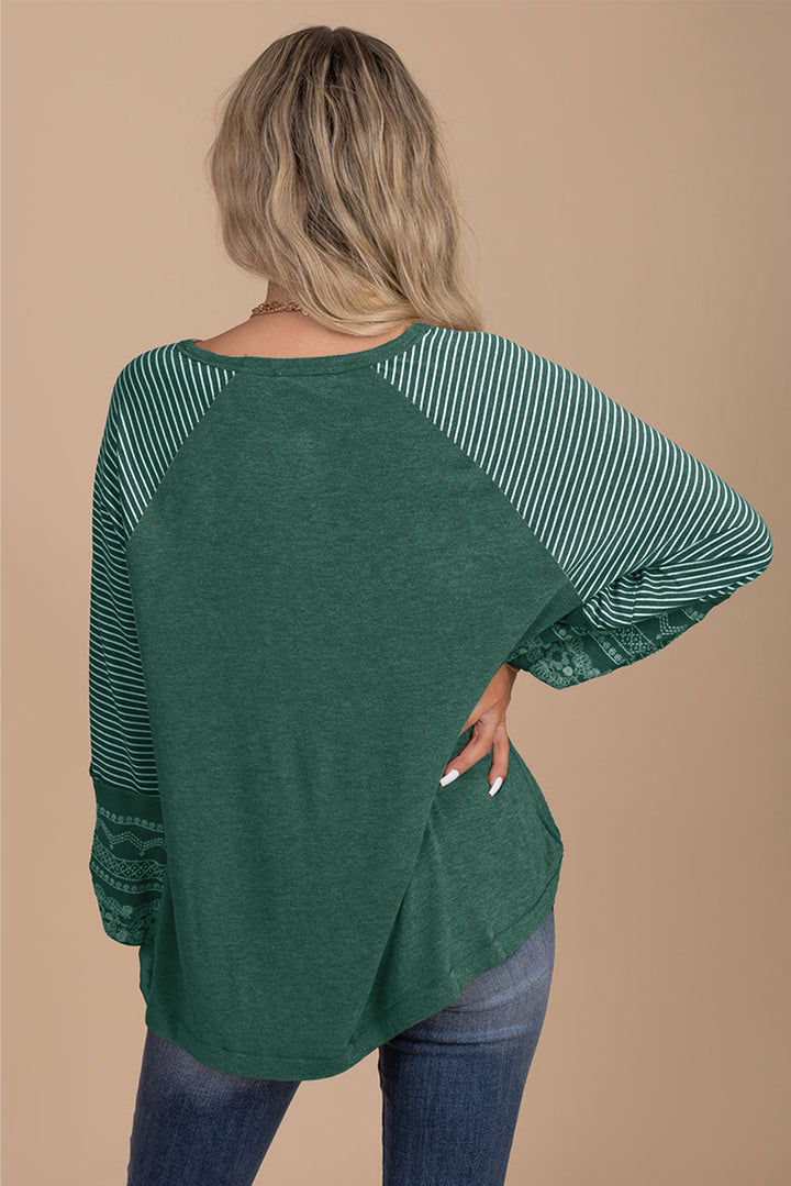 Navy Blue Contrast Print Striped Raglan Long Sleeve Loose Top