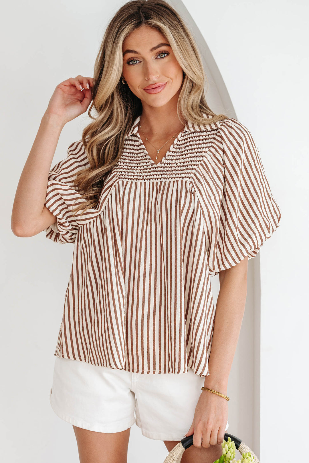 Brown Stripe Shirred V Neck Short Puff Sleeve Blouse - Lulubelles Clothing and Accessories