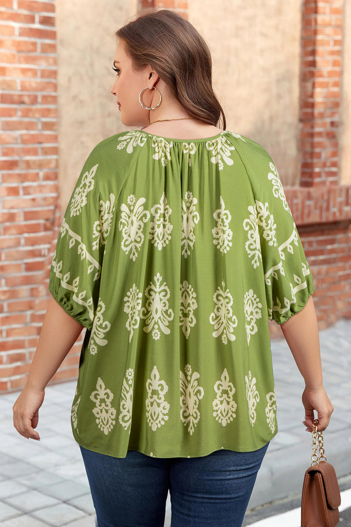 Green Boho Chic Notched V Neck Plus Floral Short Sleeve Top - Lulubelles Clothing and Accessories