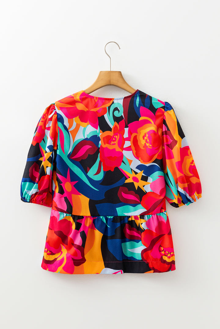 Red Abstract Print Tie Front Puff Sleeve Babydoll Blouse