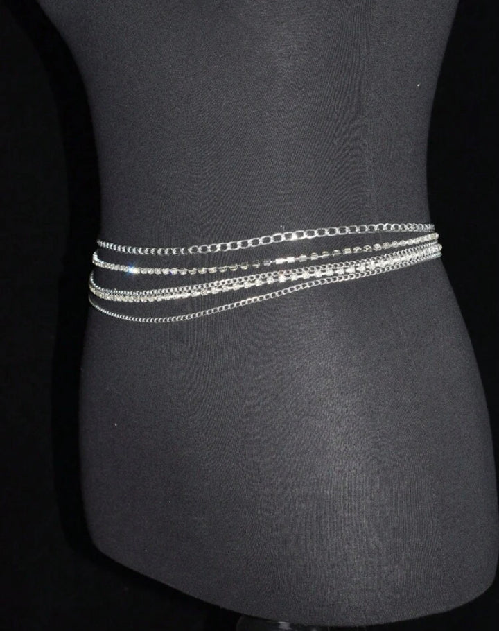 Women Rhinestone Decor Layered Chain Belt Silver