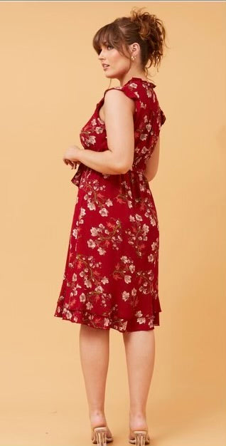 Ravina Red Floral Empire Line Midi Dress