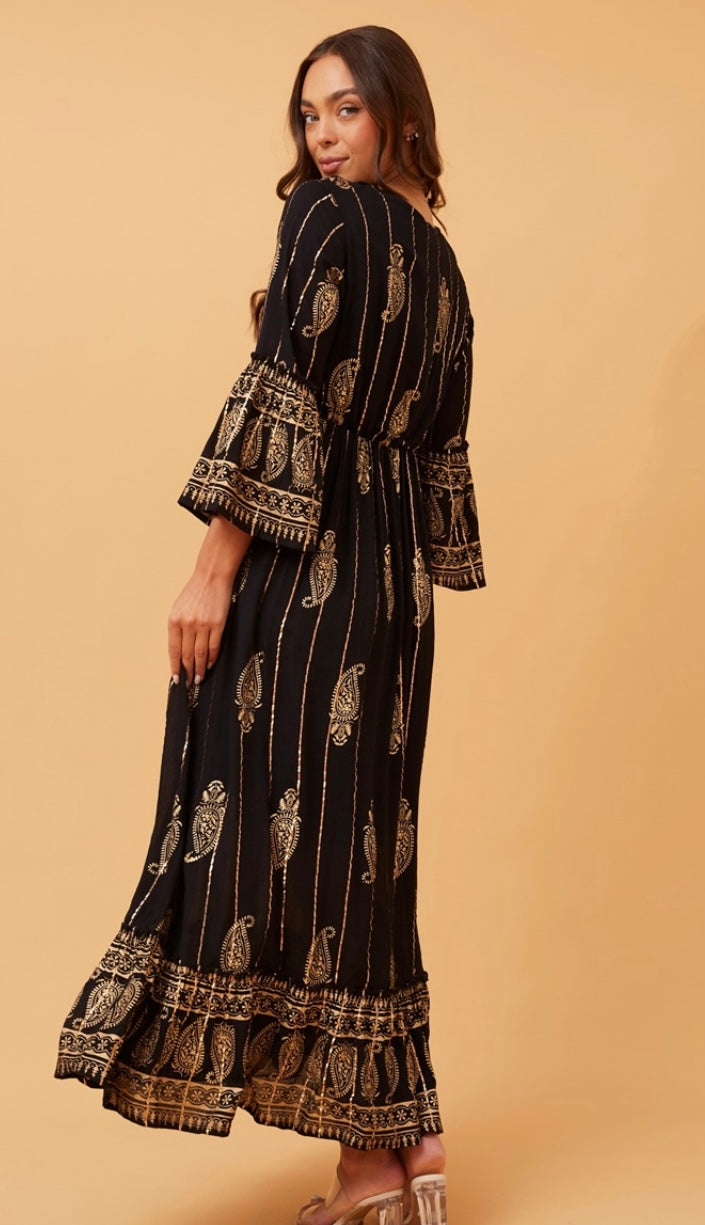 Alia Long Black and Gold Maxi Dress