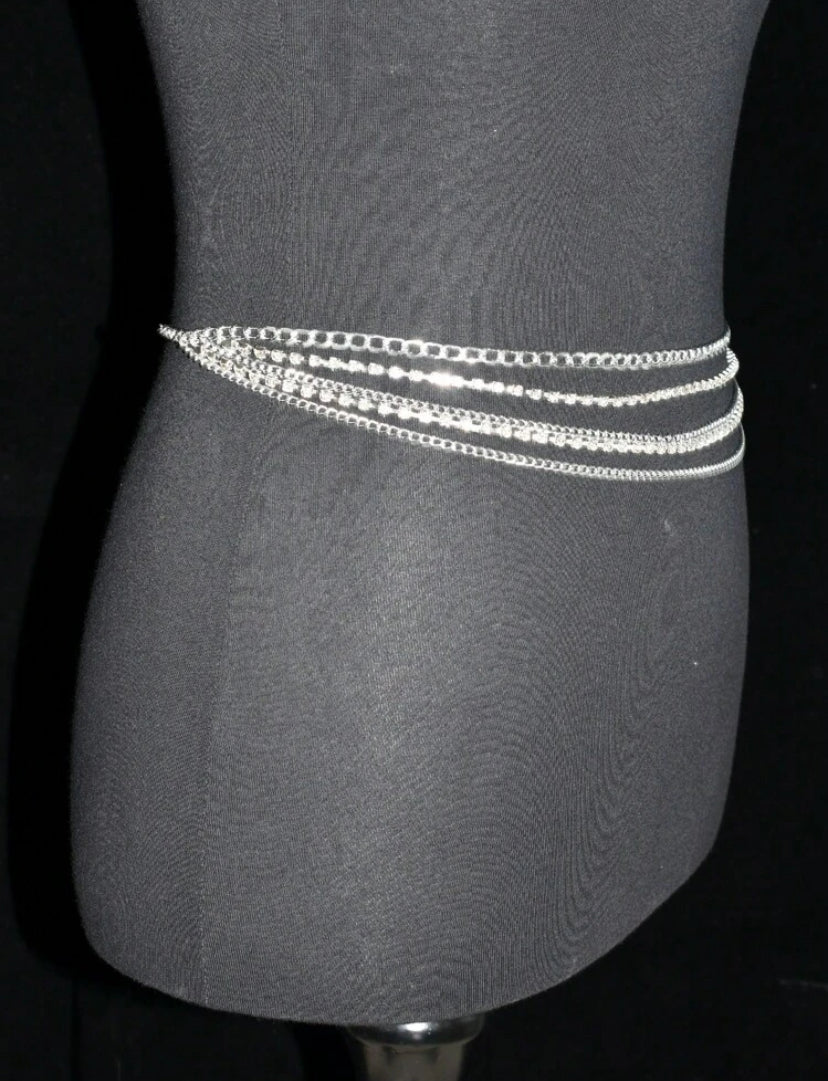 Women Rhinestone Decor Layered Chain Belt Silver