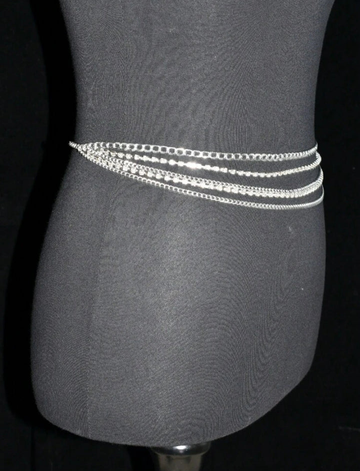 Women Rhinestone Decor Layered Chain Belt Silver