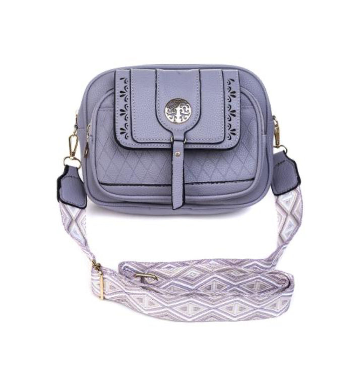 Purple engraved crossbody bag with strap