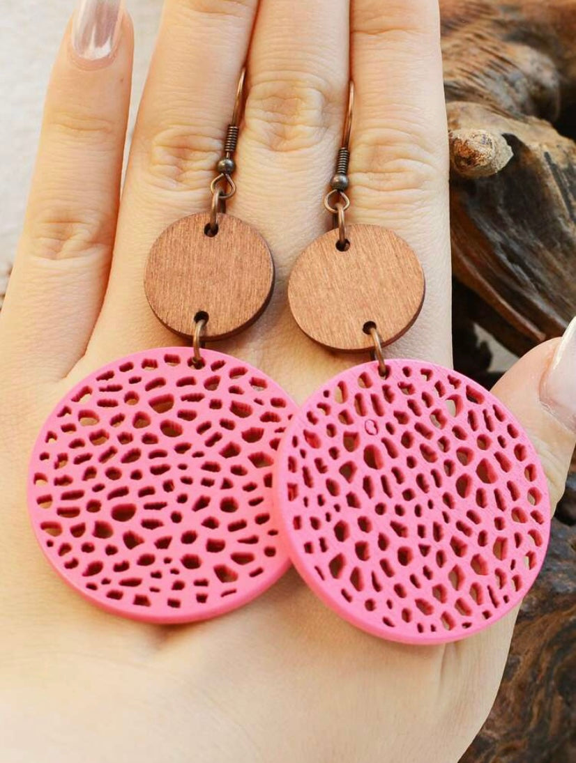 Wooden Pink Textured Circle Earring