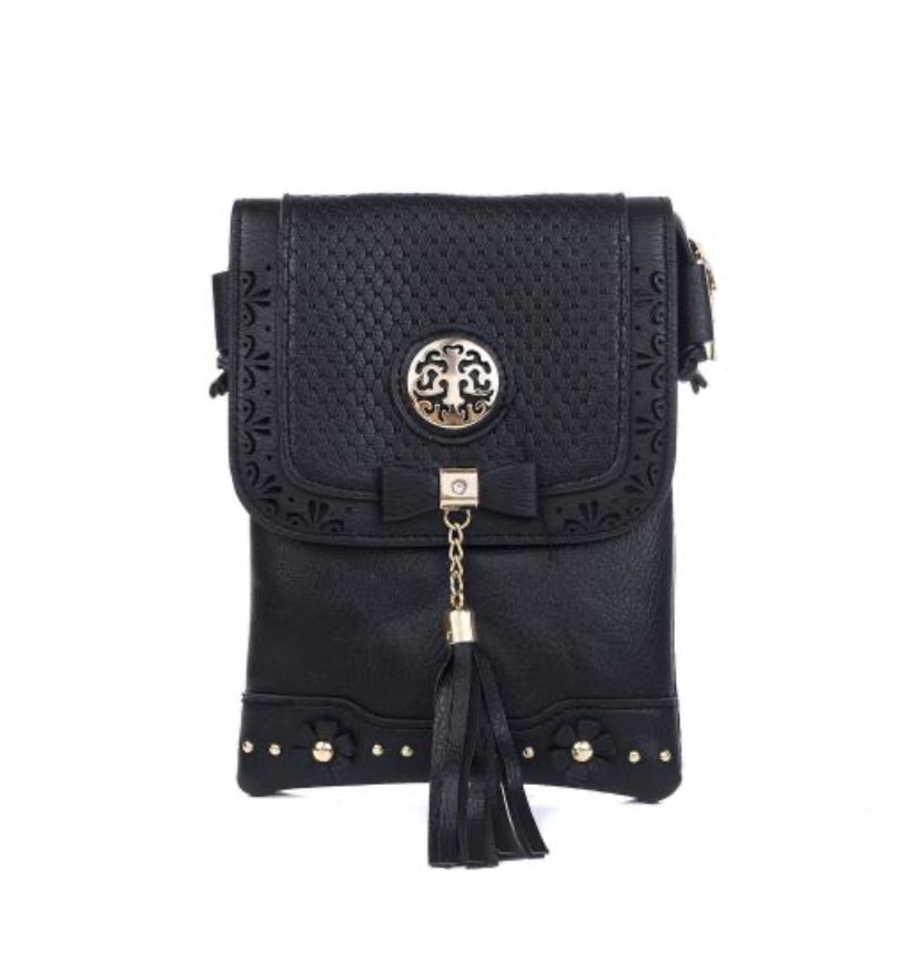 Black silver buckle Engraved vertical clutch shoulder Bag with strap