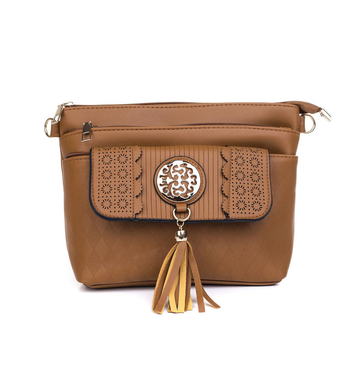 Caramel engraved Tassel crossbody bag with strap