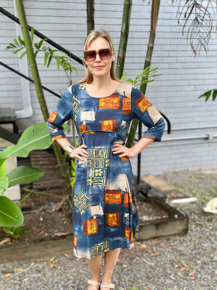 Bella Navy Orange Abstract Pocket Midi Dress