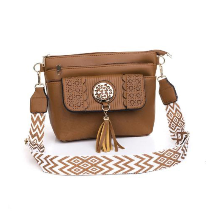 Caramel engraved Tassel crossbody bag with strap