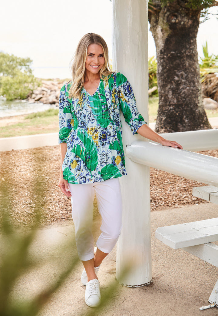 Tina Green V Neck Pleated Top