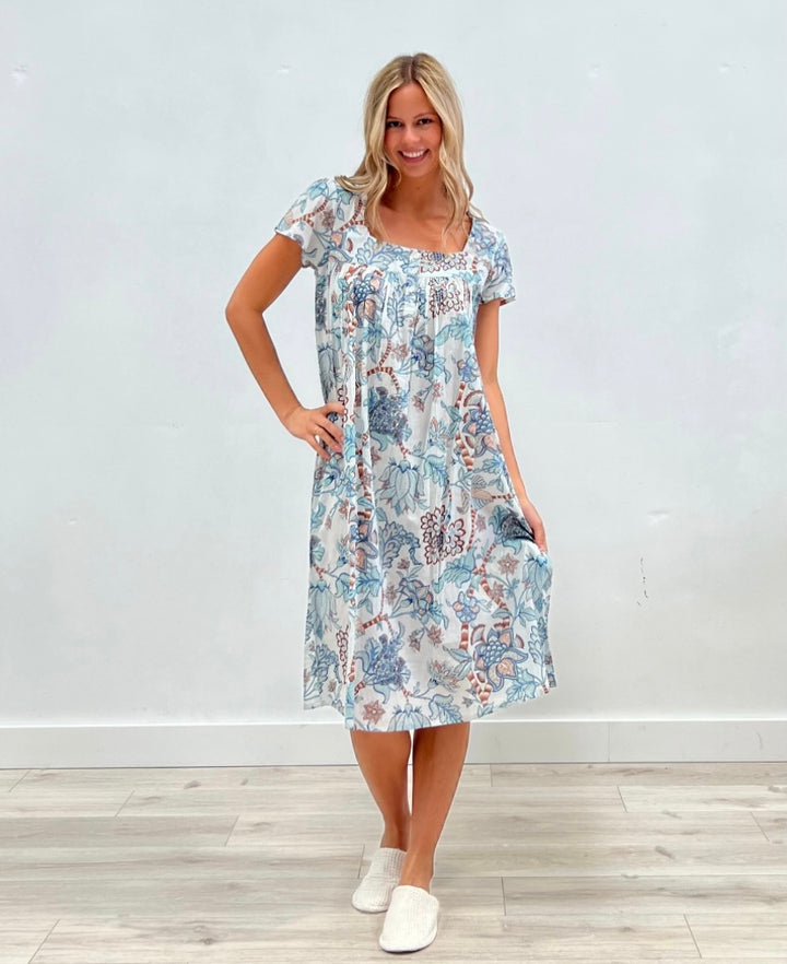 Carlene Blue Floral CottonCap Sleeve Midi Dress