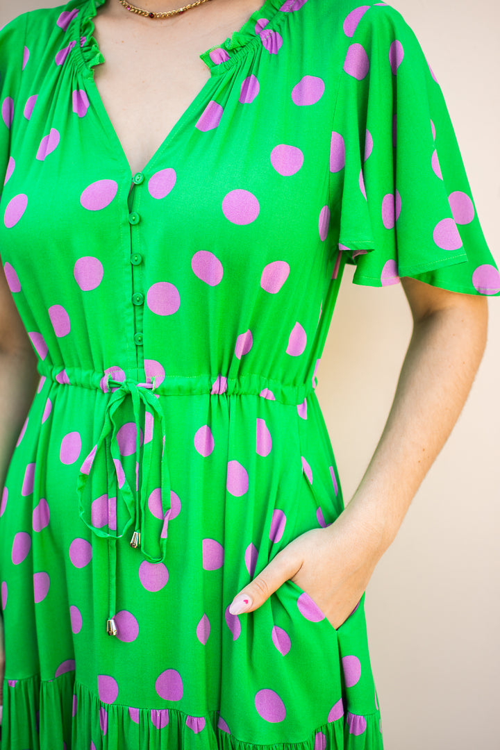 Katie Lime Pink Polka dot Empire Maxi Dress