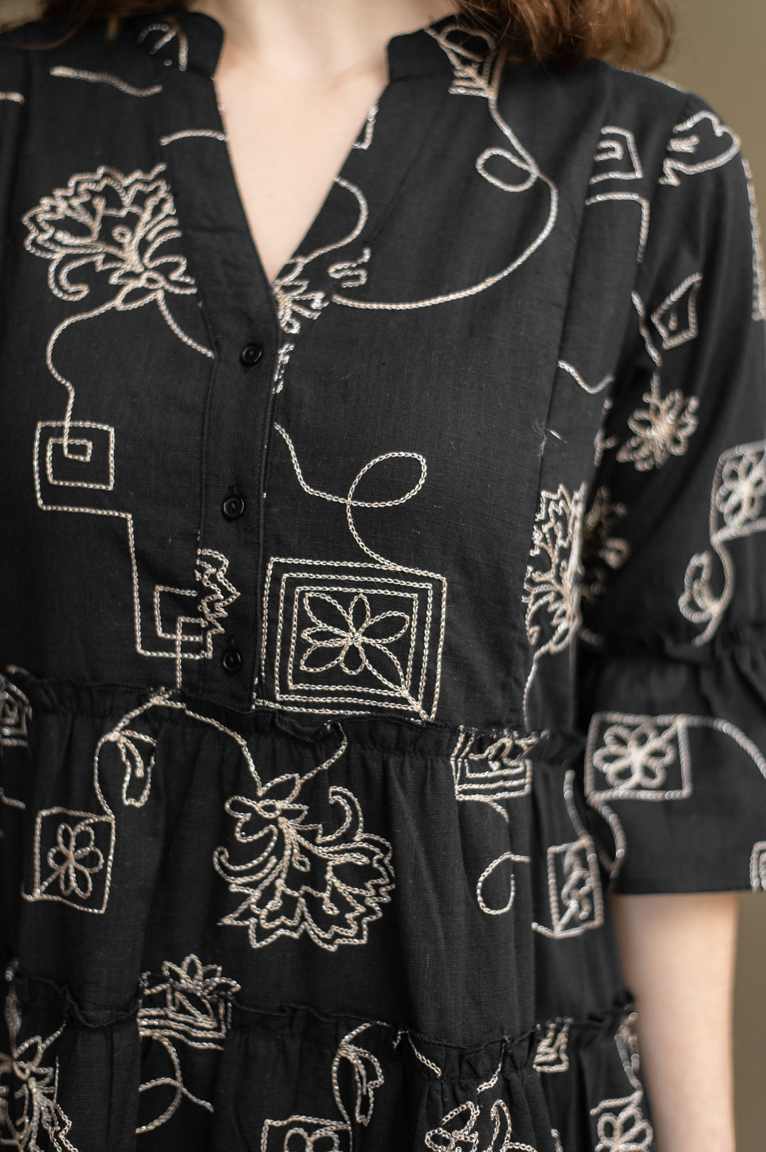 Andrea Black Embroidered Resort Dress, close up detail