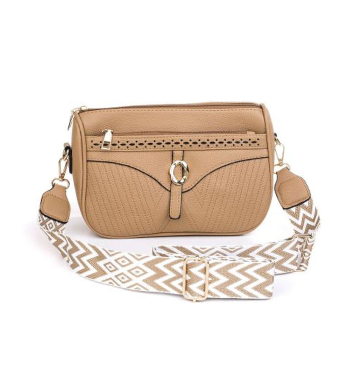 Beige engraved crossbody bag  with contrasting strap