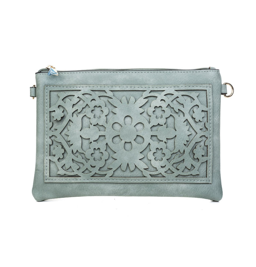 Teal Boho Engraved horizontal clutch shoulder Bag with strap