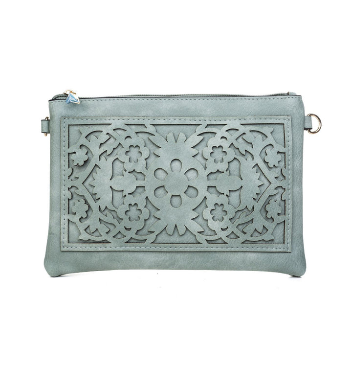 Teal Boho Engraved horizontal clutch shoulder Bag with strap