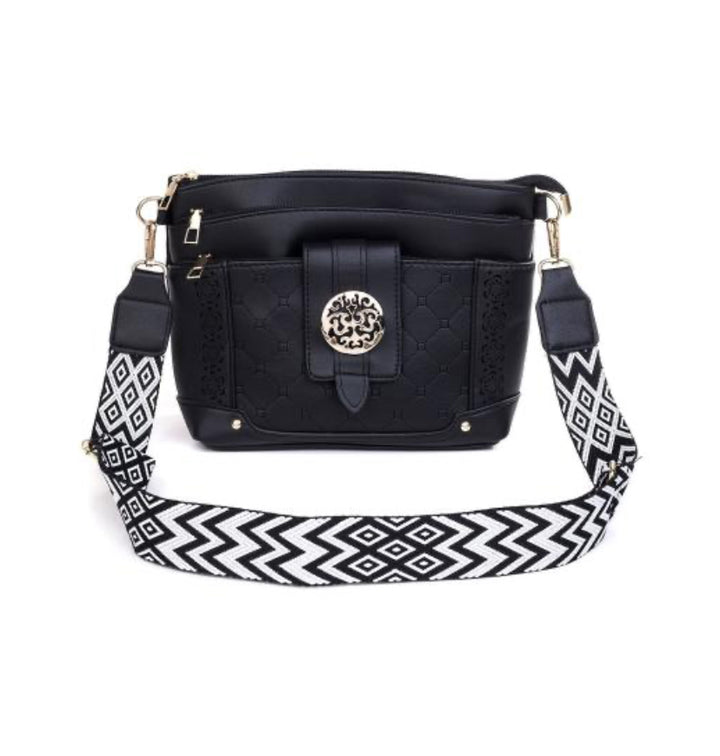 Black engraved crossbody bag with strap