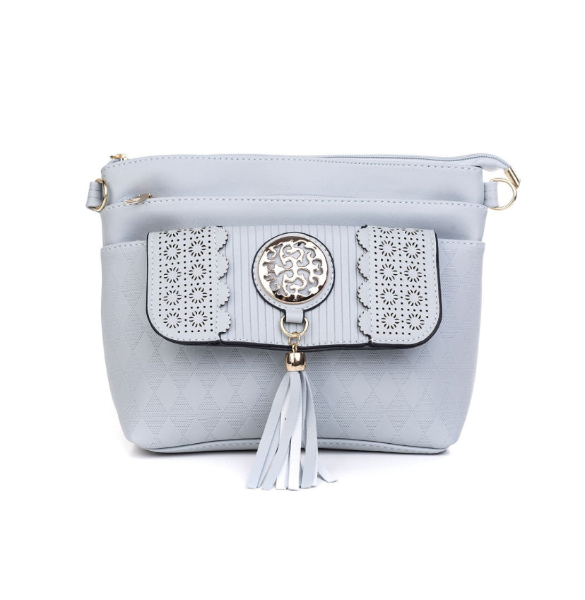 Pale Blue engraved Tassel crossbody bag with strap