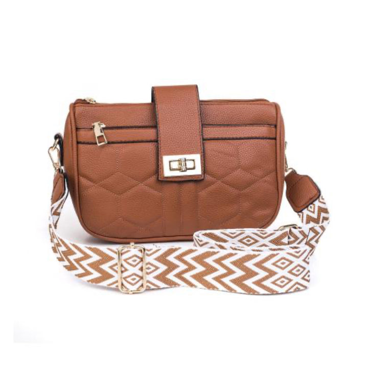 Caramel engraved crossbody bag  with contrasting strap