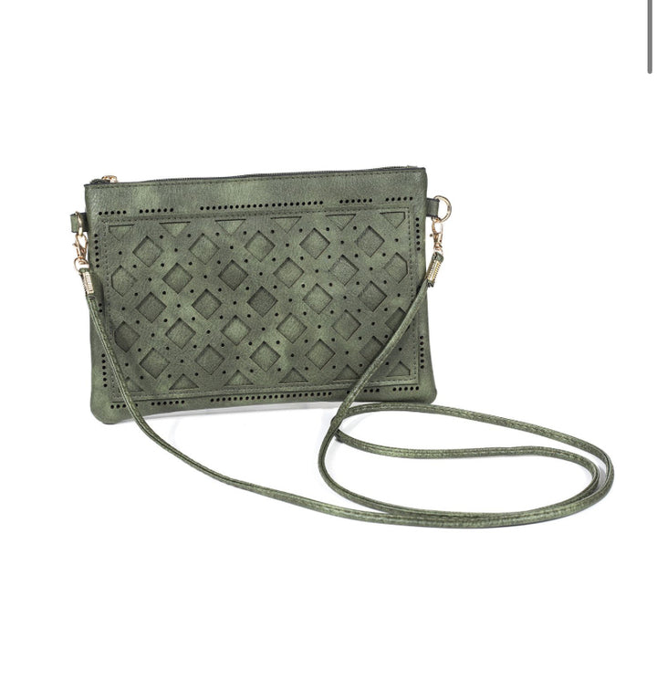 Olive green Engraved horizontal clutch shoulder Bag with strap