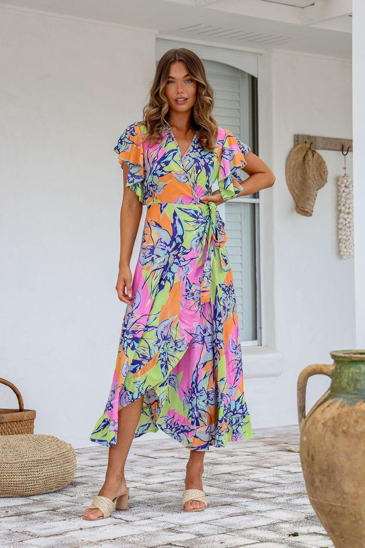 Silky Boho Lime Pink Floral Long Wrap Dress