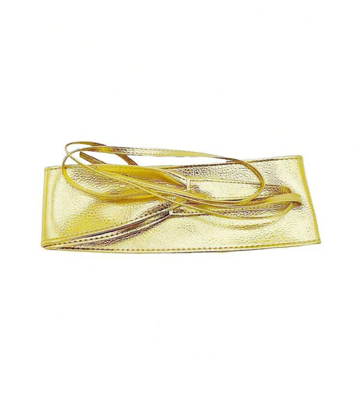 Gold Obi Wrap Belt with a textured finish, featuring long adjustable ties, displayed against a white background.