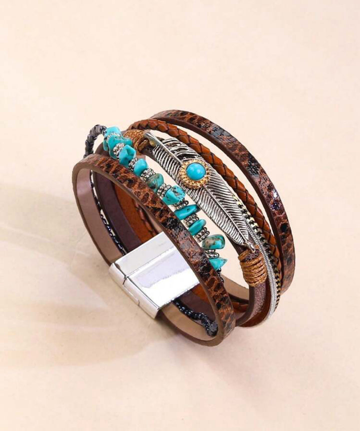 Feather Braided Leather Bracelet With Vintage Bohemian Green Turquoise Stone And Magnetic Clasp