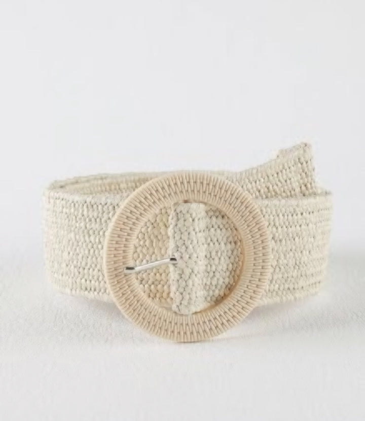 Round Buckle Light Beige Elasticated Belt