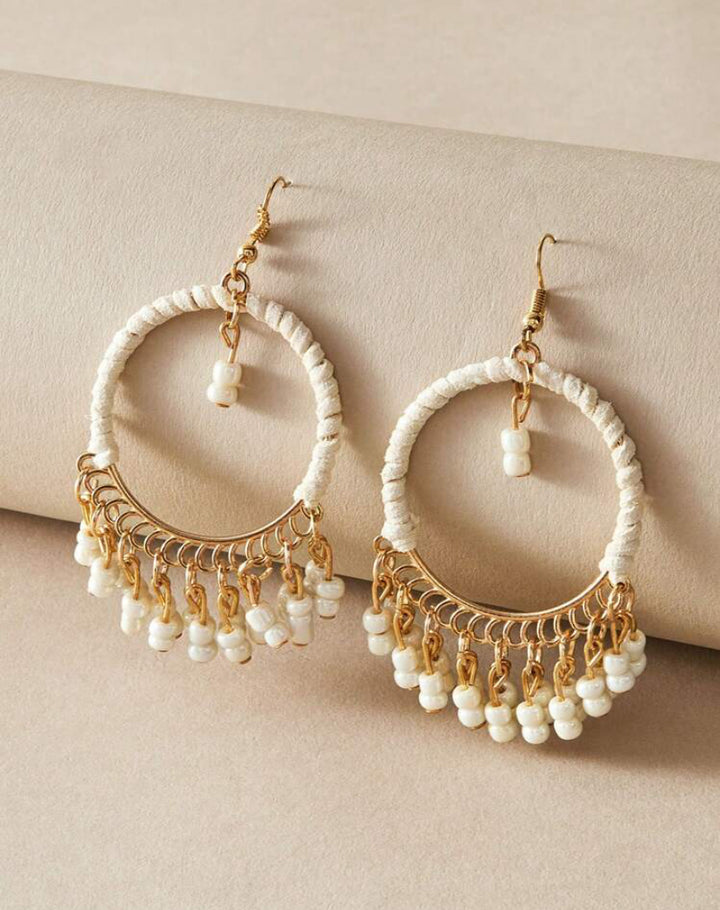 Natural Boho Style Beaded Tassel Drop Earrings