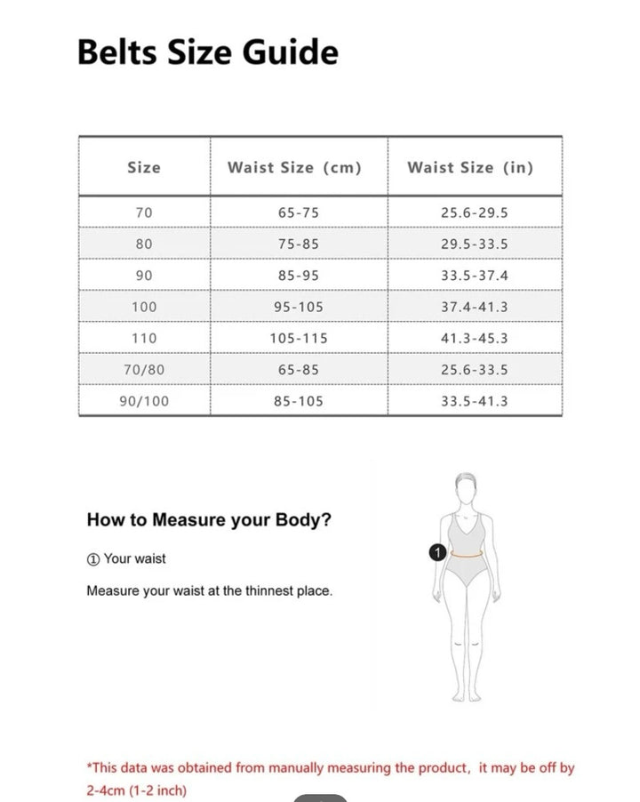 Size guide for the Gold Obi Wrap Belt showing waist size in centimeters and inches, along with measurement instructions.