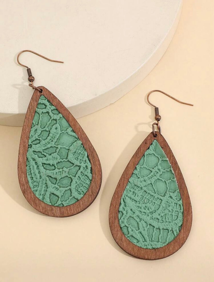 Green Wood Lace Earrings