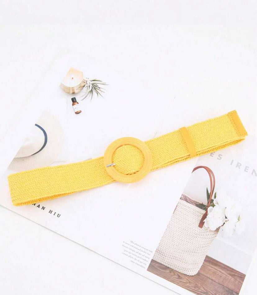 Yellow Round Straw Buckle Elasticated Belt