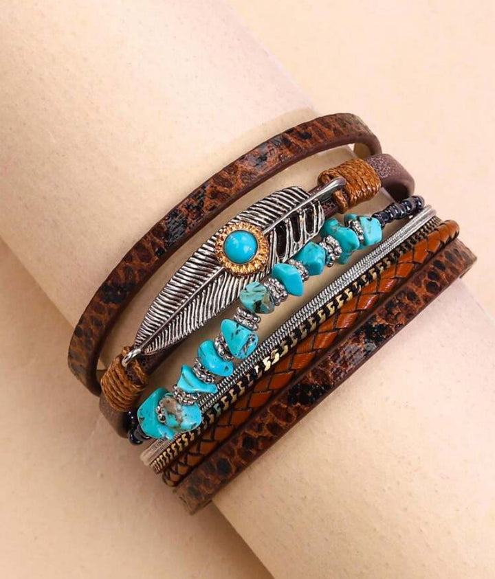 Feather Braided Leather Bracelet With Vintage Bohemian Green Turquoise Stone And Magnetic Clasp