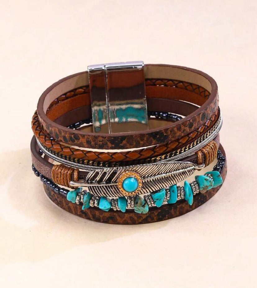 Feather Braided Leather Bracelet With Vintage Bohemian Green Turquoise Stone And Magnetic Clasp