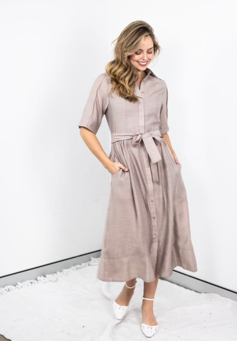 Sally Neutral Linen Blend Classic Collared Midi Dress