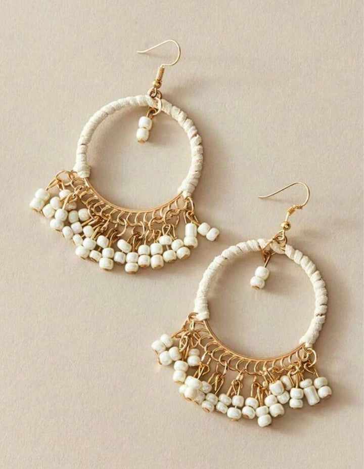 Natural Boho Style Beaded Tassel Drop Earrings