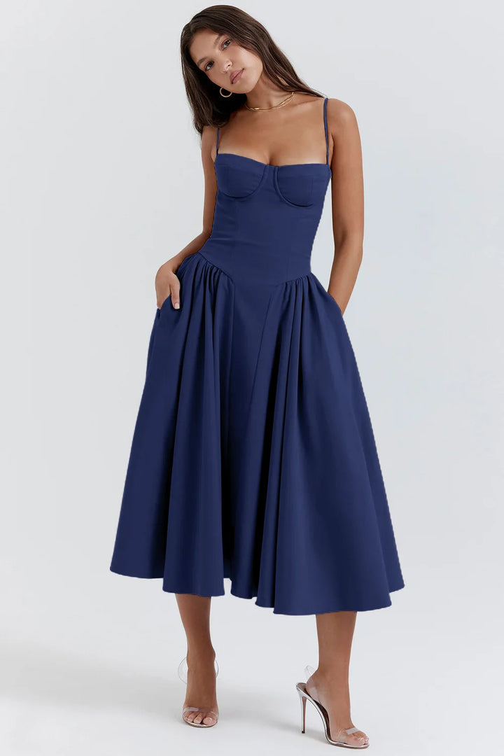 Blue Cotton Slit Midi Dress