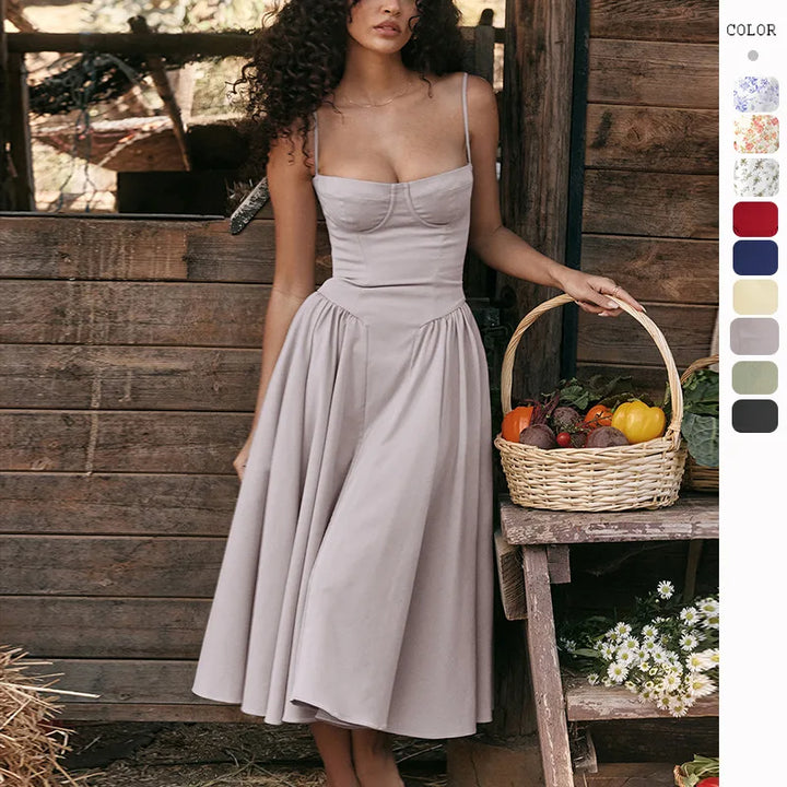 Blue Cotton Slit Midi Dress
