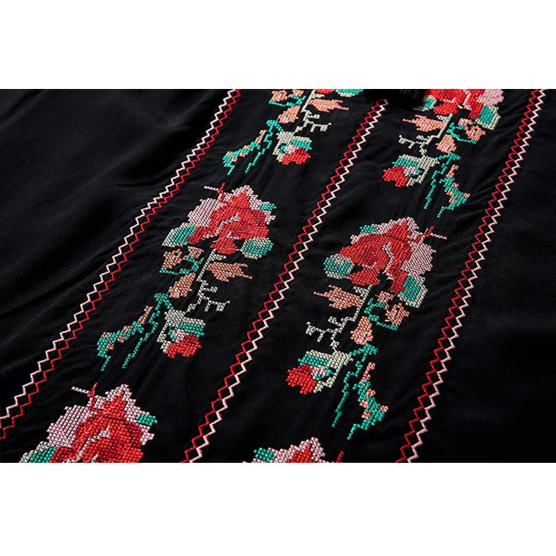 Floral Embroidery Black Cotton Dress