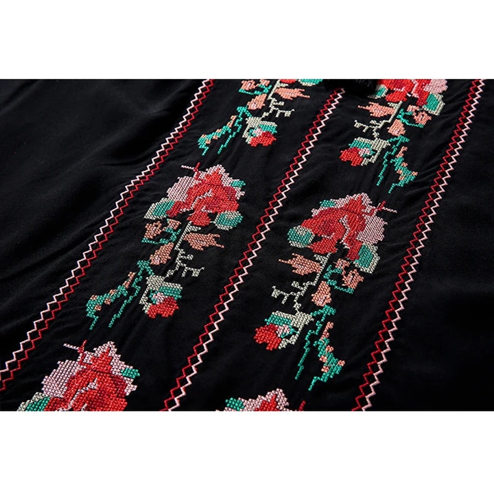 Floral Embroidery Black Cotton Dress