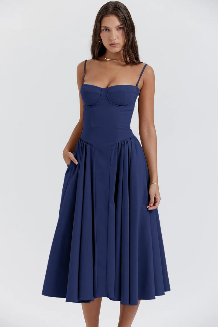 Blue Cotton Slit Midi Dress