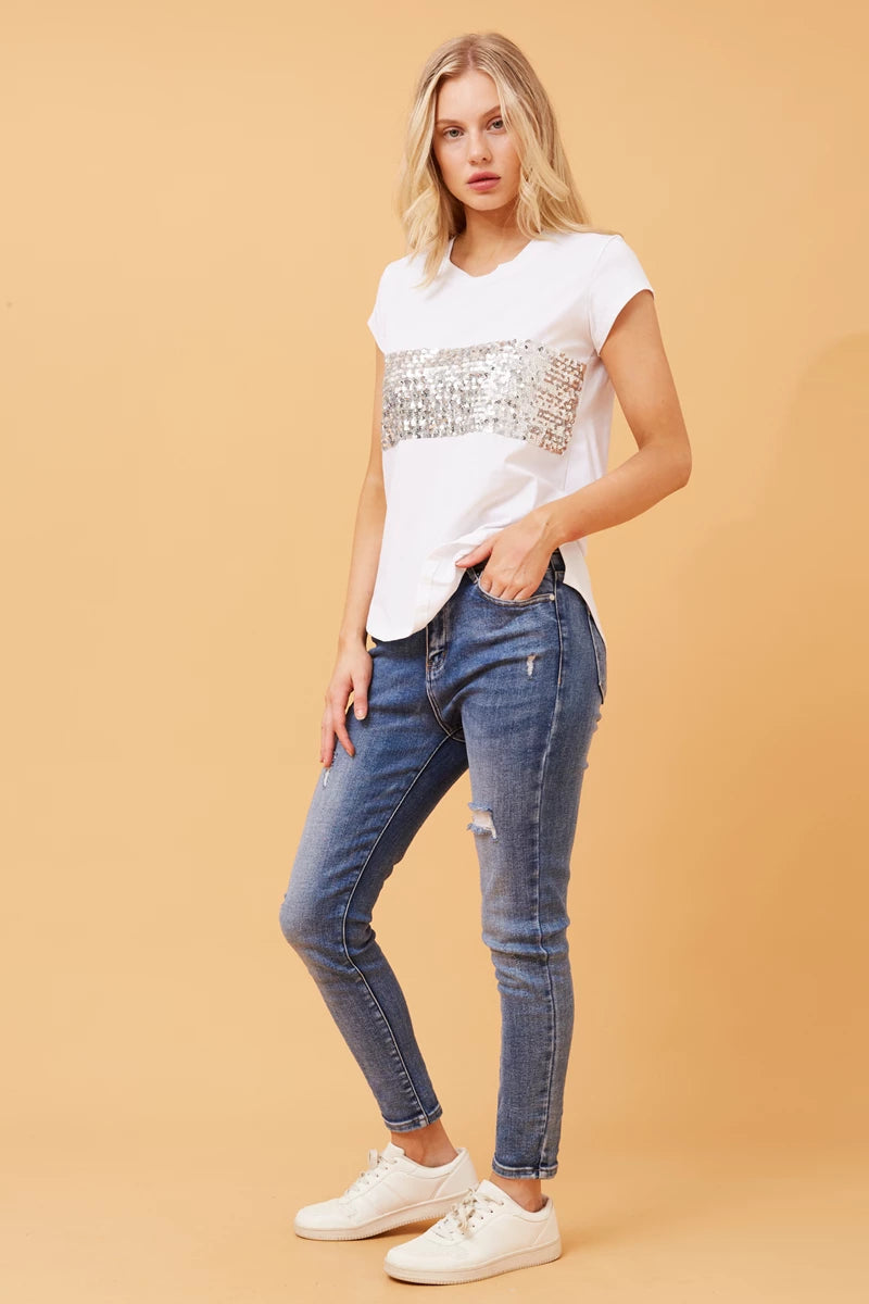 Coco White Sequin Cotton Tee