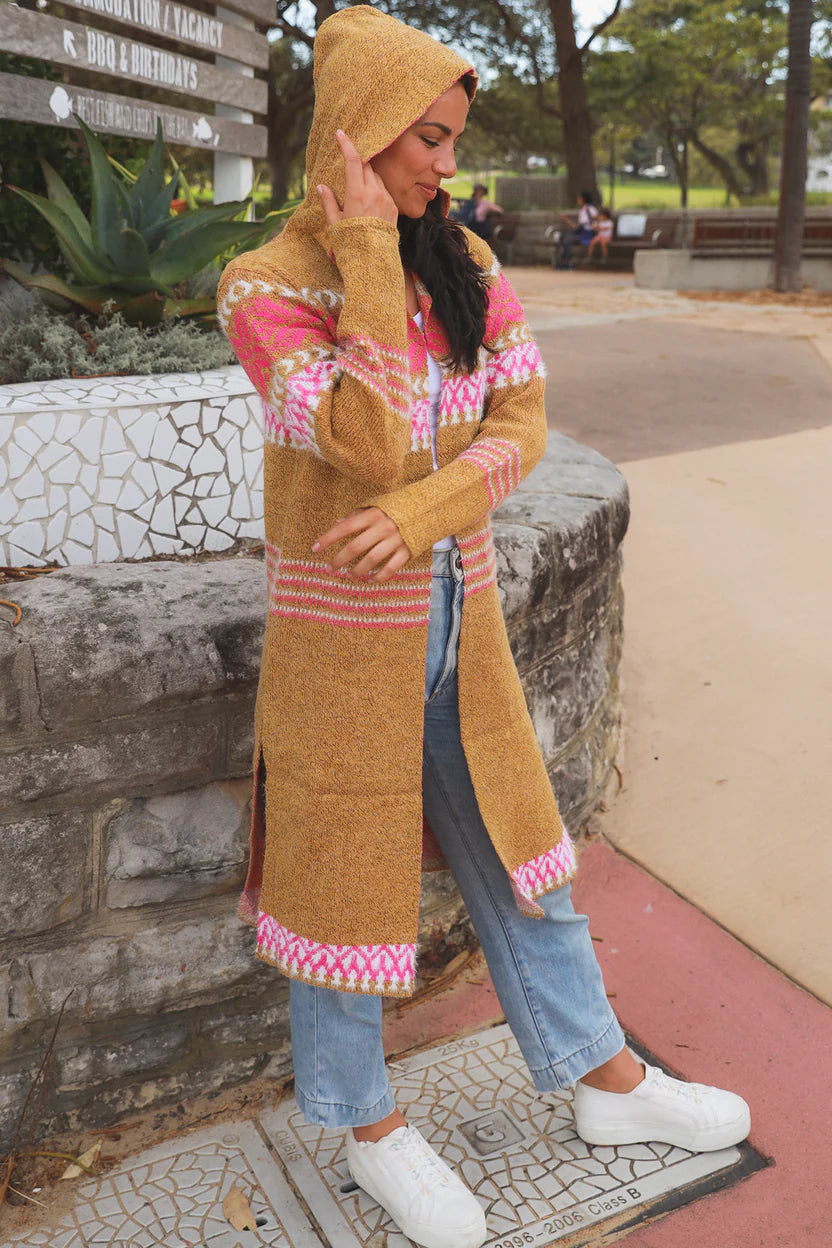 Neutral Pink Aztec Hooded Cardigan