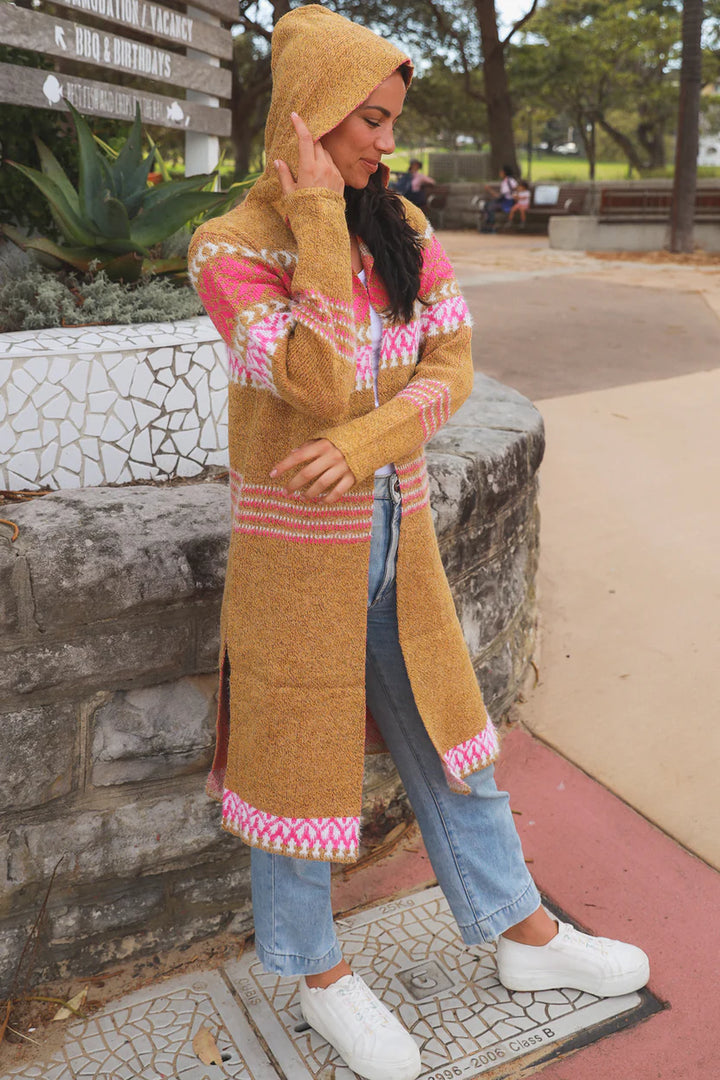 Neutral Pink Aztec Hooded Cardigan