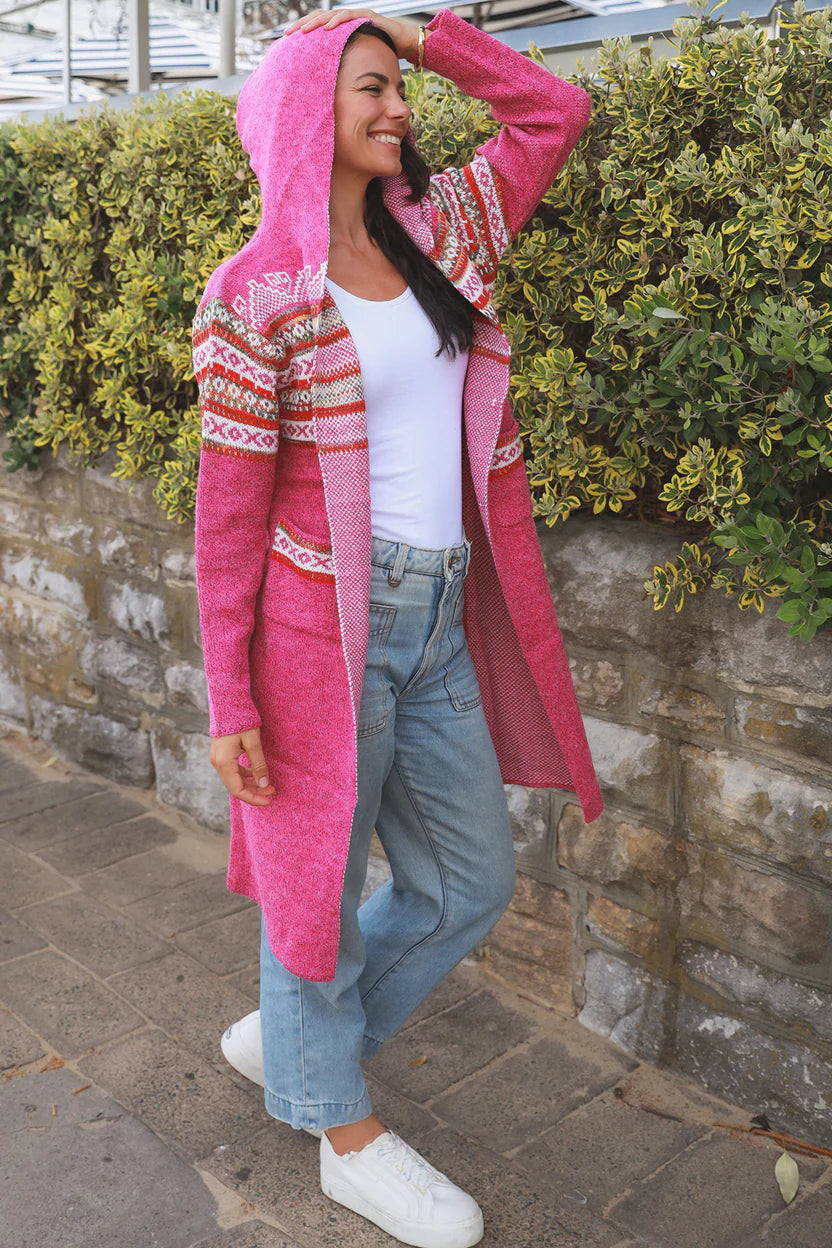 Pastel Pink Aztec Hooded Cardigan