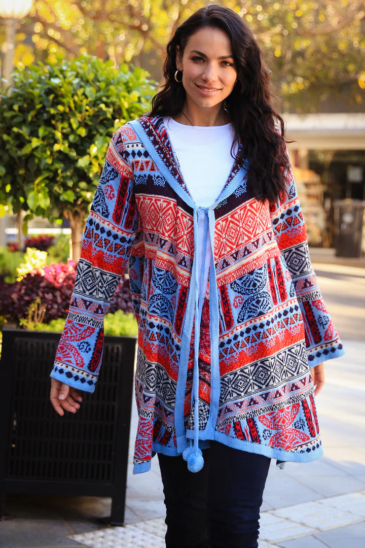 Blue Aztec Hooded Cardigan