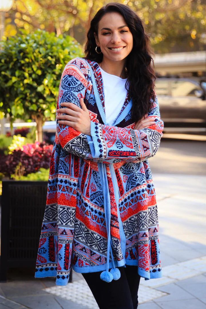 Blue Aztec Hooded Cardigan